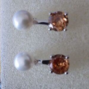 Freshwater White Pearl & Simulated Champagne Diamond Earrings